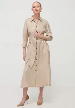 Marella rochie din in culoarea bej, midi, evazati imagine