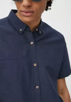 Medicine camasa de in barbati, culoarea albastru marin, cu guler button-down, regular imagine