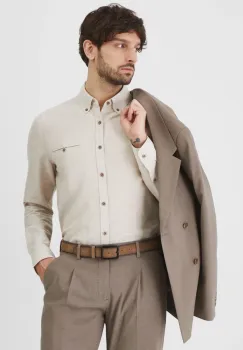 Medicine camasa de in barbati, culoarea bej, cu guler button-down, regular imagine