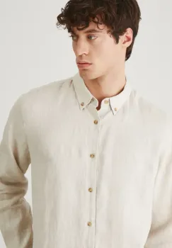 Medicine camasa de in barbati, culoarea bej, cu guler button-down, regular imagine