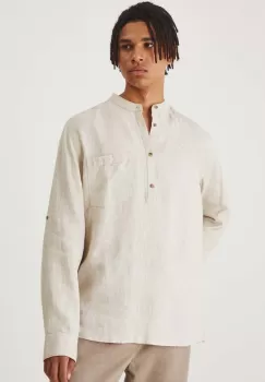 Medicine camasa de in barbati, culoarea bej, cu guler stand-up, regular imagine