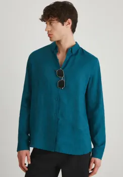 Medicine camasa de in barbati, culoarea verde, cu guler button-down, regular imagine