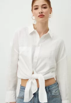 Medicine camasa de in femei, culoarea alb, cu guler clasic, relaxed imagine