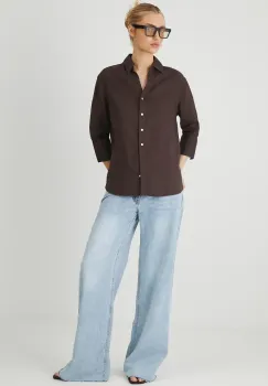 Medicine camasa de in femei, culoarea maro, cu guler clasic, relaxed imagine