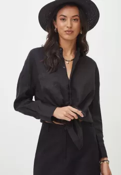 Medicine camasa de in femei, culoarea negru, cu guler clasic, relaxed imagine