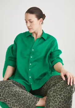 Medicine camasa de in femei, culoarea verde, cu guler clasic, relaxed imagine