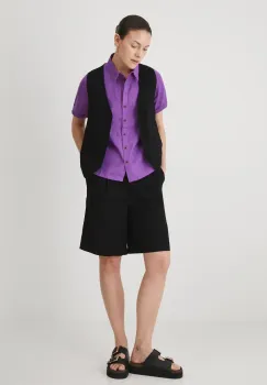 Medicine camasa de in femei, culoarea violet, cu guler clasic, regular imagine