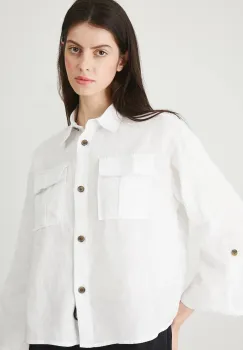 Medicine camasa de in rochie alba relaxata pentru femei cu guler clasic imagine