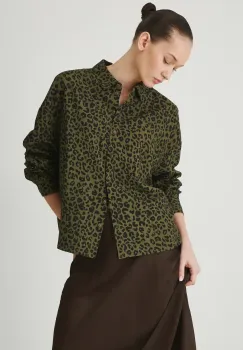 Medicine camasa din amestec de in culoarea verde, cu guler clasic, relaxed imagine
