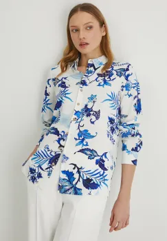 Medicine camasa din amestec de in femei, culoarea alb, cu guler clasic, regular imagine