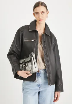 Medicine geaca biker de piele culoarea maro, de tranzitie imagine