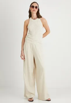 Medicine pantaloni culoarea bej, lat, high waist imagine