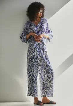 Medicine pantaloni din amestec de in culoarea albastru marin, lat, high waist imagine