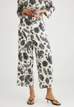 Medicine pantaloni din amestec de in culoarea bej, lat, high waist imagine