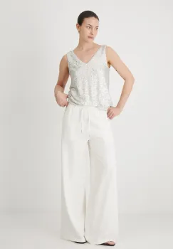 Medicine pantaloni din amestec de in culoarea bej, lat, medium waist imagine