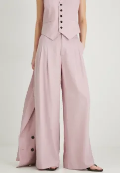 Medicine pantaloni din amestec de in culoarea roz, lat, high waist imagine