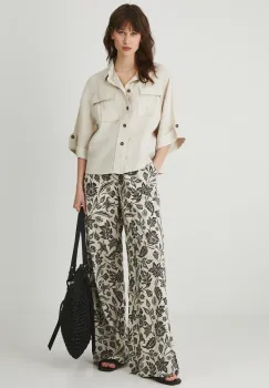 Medicine pantaloni din amestec de in femei, culoarea bej, lat, medium waist imagine