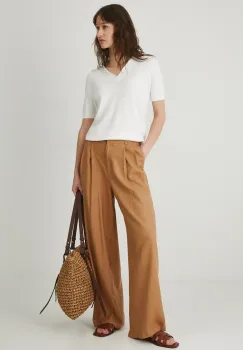 Medicine pantaloni din amestec de in femei, culoarea maro, lat, medium waist imagine