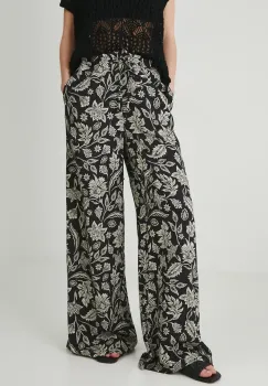 Medicine pantaloni din amestec de in femei, culoarea negru, lat, medium waist imagine