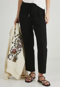 Medicine pantaloni din in femei, culoarea negru, fason chinos, medium waist imagine