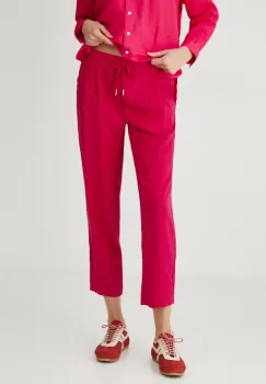Medicine pantaloni din in femei, culoarea roz, fason chinos, medium waist imagine