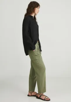 Medicine pantaloni din in femei, culoarea verde, fason chinos, high waist imagine