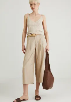 Medicine pantaloni femei, culoarea bej, lat, high waist imagine