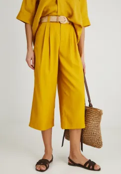 Medicine pantaloni femei, culoarea galben, lat, high waist imagine