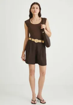 Medicine pantaloni scurti culoarea maro, neted, high waist imagine