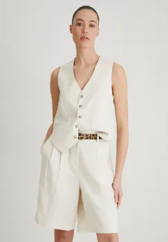 Medicine pantaloni scurti din amestec de in femei, culoarea bej, neted, high waist imagine