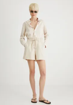 Medicine pantaloni scurti din amestec de in femei, culoarea bej, uni, medium waist imagine