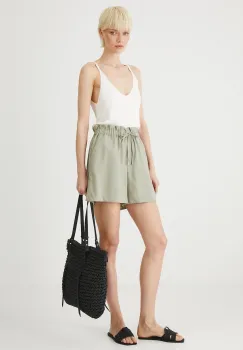 Medicine pantaloni scurti din amestec de in femei, culoarea verde, uni, medium waist imagine
