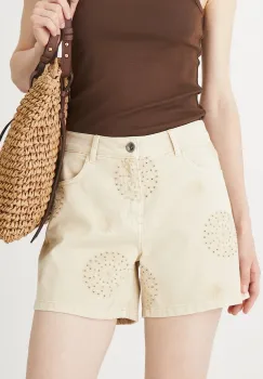Medicine pantaloni scurti din bumbac culoarea bej, cu imprimeu, medium waist imagine