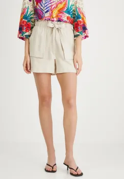 Medicine pantaloni scurti din in culoarea bej, neted, high waist imagine