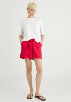 Medicine pantaloni scurti din in culoarea roz, neted, high waist imagine