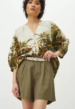 Medicine pantaloni scurti din in culoarea verde, neted, high waist imagine