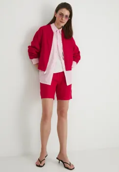 Medicine pantaloni scurti din in femei, culoarea rosu, neted, high waist imagine