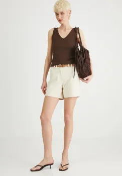 Medicine pantaloni scurti jeans culoarea bej, neted, high waist imagine