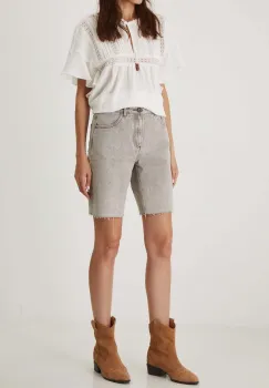 Medicine pantaloni scurti jeans femei, culoarea gri, neted, medium waist imagine