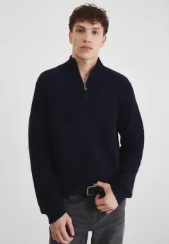 Medicine pulover din amestec de lana barbati, culoarea albastru marin, cu guler imagine