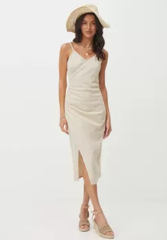 Medicine rochie din amestec de in culoarea bej, midi, mulata imagine