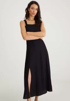 Medicine rochie din amestec de in culoarea negru, midi, evazati imagine