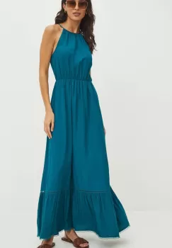 Medicine rochie din amestec de in culoarea turcoaz, maxi, evazati imagine