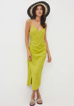 Medicine rochie din amestec de in culoarea verde, midi, mulata imagine