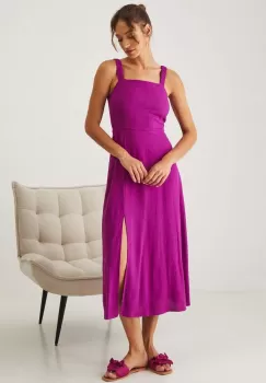 Medicine rochie din amestec de in culoarea violet, midi, evazati imagine