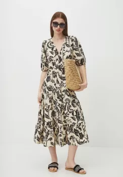 Medicine rochie din in culoarea bej, midi, evazati imagine