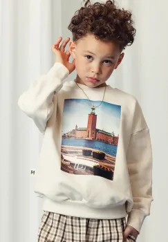 Mini Rodini hanorac de bumbac pentru copii City hall culoarea bej, cu imprimeu, 2522012711 imagine