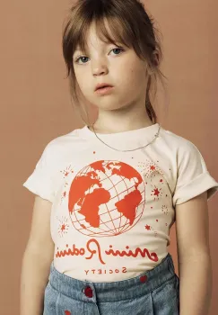 Mini Rodini tricou de bumbac pentru copii Mini Rodini society culoarea bej, cu imprimeu, 2562011811 imagine