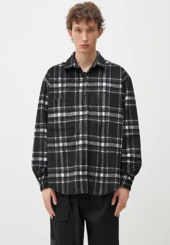 MKI MIYUKI ZOKU camasa din lana Check Flannel Shirt barbati, culoarea negru, cu guler clasic, relaxed, CHECK.FLANNEL.SHIRT.BLA imagine