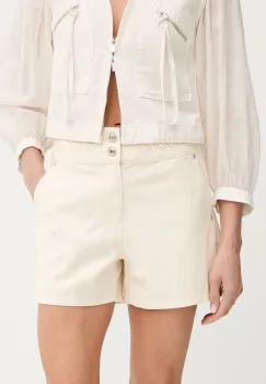 Morgan pantaloni scurti jeans culoarea bej, uni, high waist, SHOBO imagine